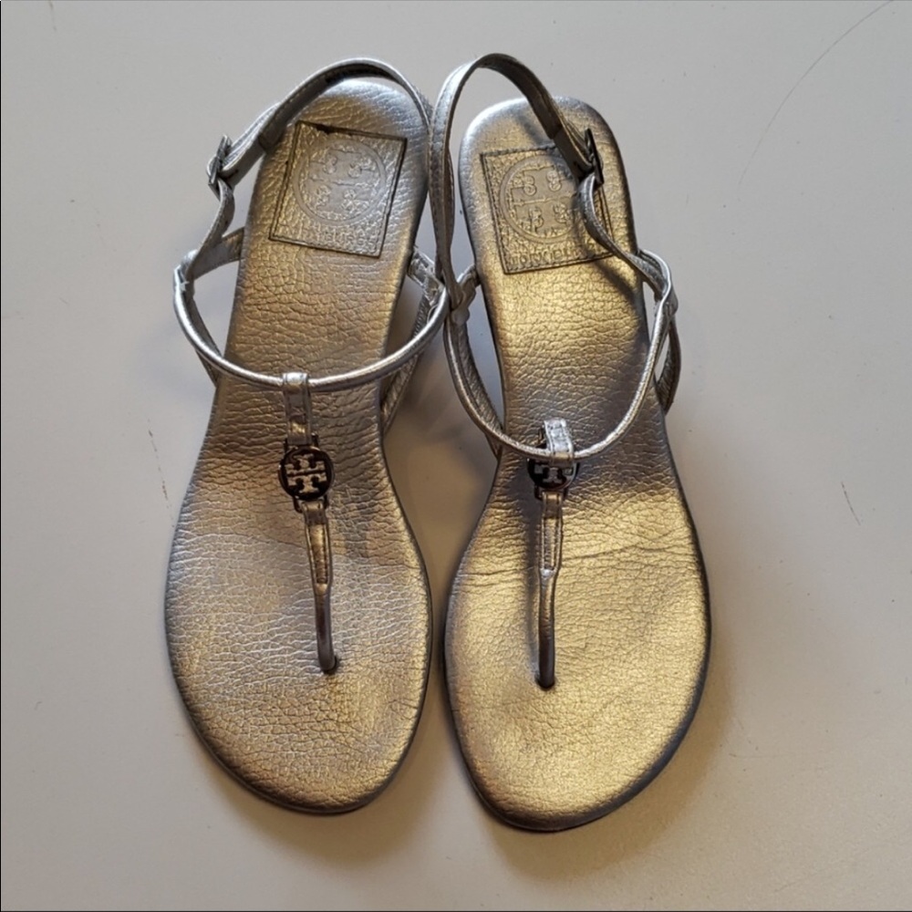 Tory Burch metallic silver thong wedge sandals